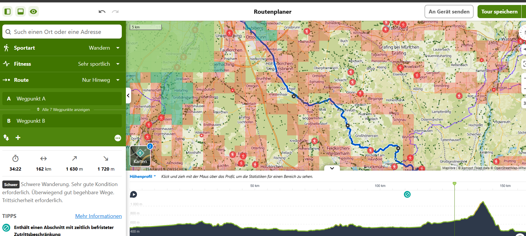 Screenshot der Komoot-Routenplanung mit Statshunters-Kacheln auf der Karte