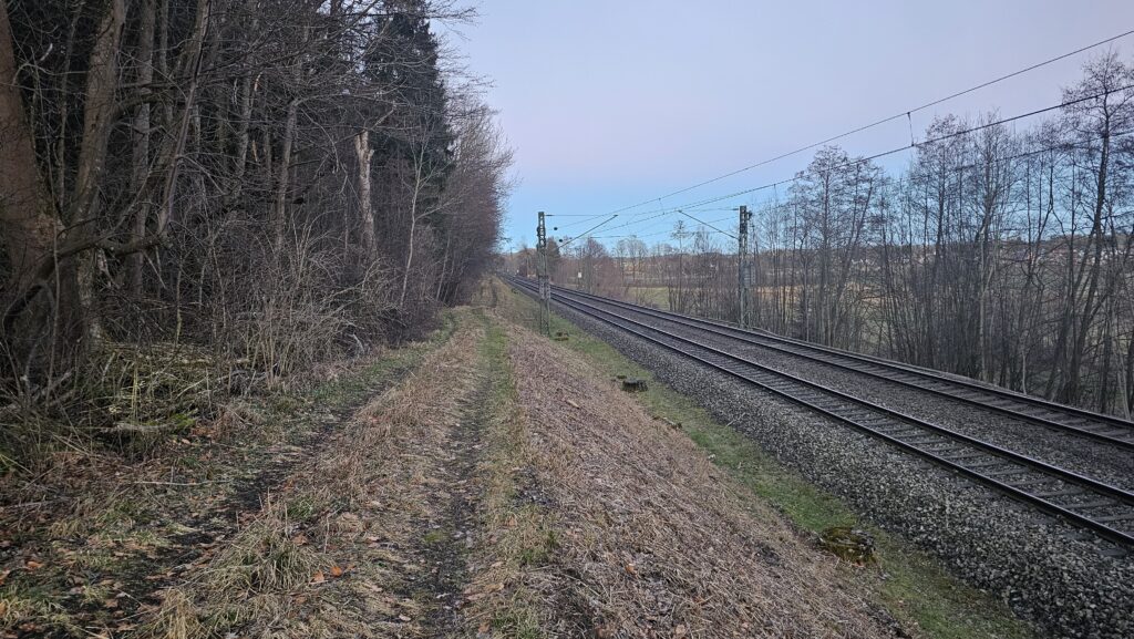 Grasweg entlang einer Bahnstrecke am Waldrand