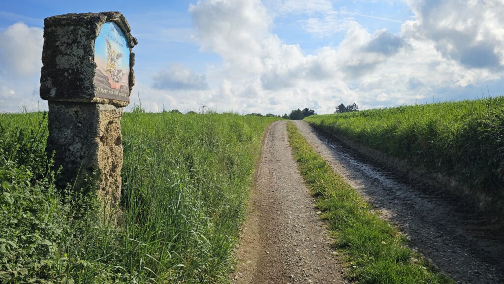 Alte Steinsäule am Feldweg zwischen Getreidefeldern