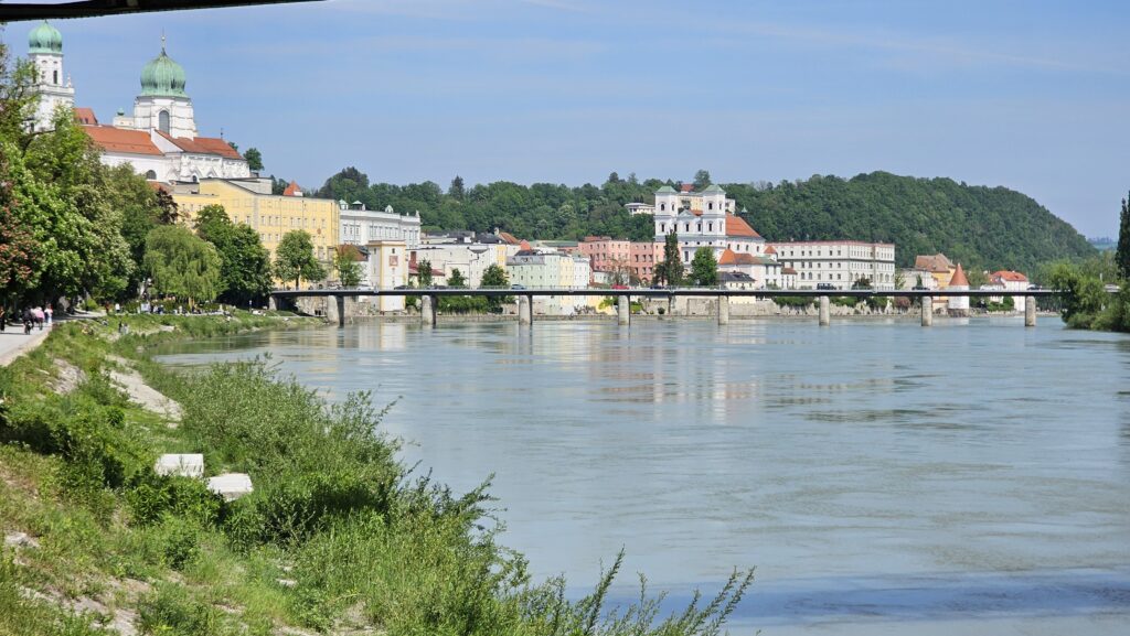 Breiter Fluss mit Häuserzeile am bewaldeten Hang