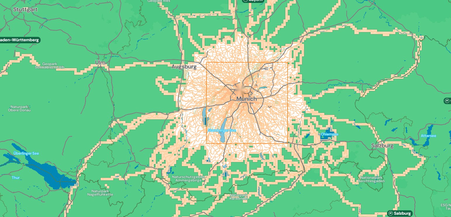 Squadrats-Karte rund um München mit befahrenen Quadraten von Augsburg bis zum Chiemsee